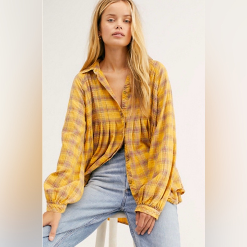 Free People We The Free / Medium / Marigold Plaid Swing Blouse